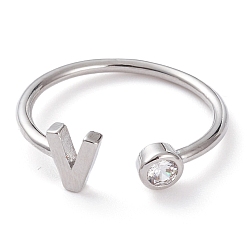 Letter V Brass Micro Pave Clear Cubic Zirconia Cuff Rings, Open Rings, Long-Lasting Plated, Platinum, Letter V, US Size 6, Inner Diameter: 17mm