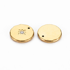 Real 14K Gold Plated Ion Plating(IP) 304 Stainless Steel Charms, with Micro Pave Clear Cubic Zirconia, Cadmium Free & Nickel Free & Lead Free, Flat Round, Real 14K Gold Plated, 12x1.5mm, Hole: 0.9mm