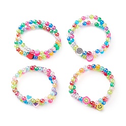 Mixed Color Transparent Acrylic Beaded Stretch Kids Bracelets, with Colorful Polymer Clay Beads, Heart & Flower & Cake & Strawberry, Mixed Color, Inner Diameter: 1-3/4 inch(4.5cm)