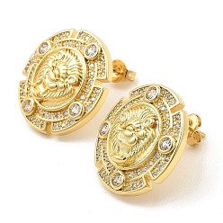 Real 16K Gold Plated Brass Micro Pave Cubic Zirconia Stud Earrings, Flat Round with Lion, Real 16K Gold Plated, 20.5x20.5mm