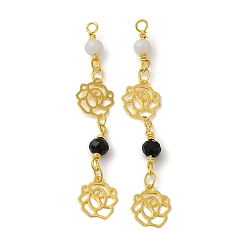 Black Glass Beaded Pendants, with Real 18K Gold Plated Brass Loop, Rose Flower Charm, Black, 47x8x4mm, Hole: 1.6mm
