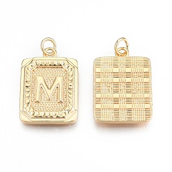 Letter M Brass Pendants, with Jump Rings, Cadmium Free & Nickel Free & Lead Free, Rectangle with Letter, Real 18K Gold Plated, Letter.M, 22.5x16x2mm, Jump Ring: 5x1mm, 3mm inner diameter