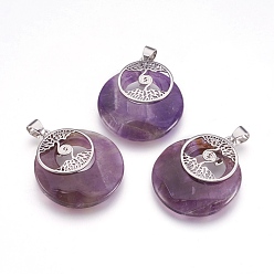 Amethyst Natural Amethyst Pendants, with Platinum Tone Brass Findings, Flat Round with Tree of Life, 32x28x6mm, Hole: 4x5mm