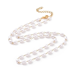 Golden Vacuum Plating 304 Stainless Steel Beaded Necklaces, with Oval Plastic Imitation Pearl Beads, Golden, 17.68 inch(44.9cm)