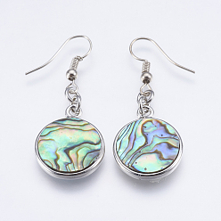 Platinum Abalone Shell/Paua Shell Dangle Earrings, with Brass Findings, Flat Round, Platinum, 45mm, Pin: 0.7mm
