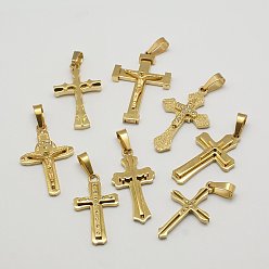 Stainless Steel+Rhinestone 304 Stainless Steel Pendants, with Rhinestone, Mixed Style, Golden Metal Color, Cross, Cross, 28~33x15~22x2.5~6mm, Hole: 7x4mm