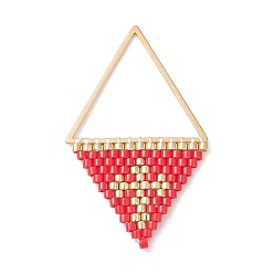 Rouge Pendentifs en perles de rocaille japonaises faites à la main, triangle avec breloques croix, rouge, 37~38x23x2mm, Trou: 17x20mm