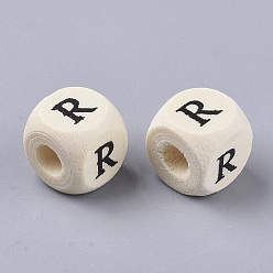 Letter R Perles de bois naturel imprimées, trou horizontal, cube avec la lettre initiale, papayawhip, letter.r, 10x10x10mm, Trou: 3.5mm, environ1000 pcs / 500 g