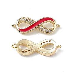 Red Brass Micro Pave Clear Cubic Zirconia Connector Charms, with Enamel, Real 18K Gold Plated, Infinity Links, Red, 25x8.5x2.5mm, Hole: 1.2mm