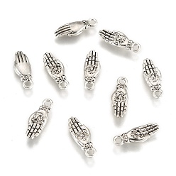 Antique Silver Palm with Lotus Flower Brass Pendants, Antique Silver, 18x7x2.4mm, Hole: 2mm