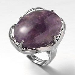 Amethyst Adjustable Oval Brass Natural Amethyst Wide Band Rings, 17mm, Tray: 28x22mm