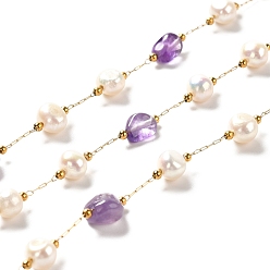Amethyst Natural Pearl & Amethyst Beaded Chains, with Stainless Steel Findings, Long-Lasting Plated, Soldered, Golden, 5~9.5x4~8x2~5mm, 4~6x5.5~8mm