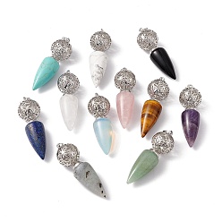 Mixed Stone Natural & Synthetic Mixed Stone Big Pendants, Cone Charms with Rack Plating Brass Hollow Ball, Platinum, Cadmium Free & Lead Free, 57~58x17.5~18mm, Hole: 8x5mm