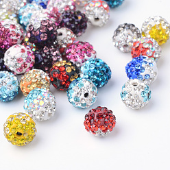 Mixed Color Two-Tone Color Handmade Polymer Clay Disco Ball Beads, with Glass Rhinestone, Mixed Color, 9~10mm, Hole: 2mm
