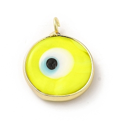 Yellow Handmade Evil Eye Lampwork Pendants, with Rack Plating Brass Findings, Long-Lasting Plated, Flat Round, Yellow, 18~19x15~16x4mm, Hole: 2mm