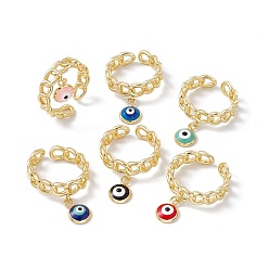 Mixed Color Enamel Evil Eye Charm Open Cuff Ring with Enamel, Real 18K Gold Plated Brass Jewelry for Women, Lead Free & Cadmium Free, Mixed Color, US Size 7 1/4(17.5mm)