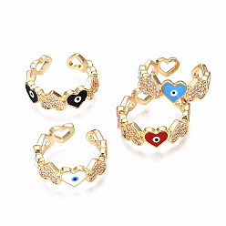 Mixed Color Brass Micro Pave Clear Cubic Zirconia Cuff Rings, Open Rings, with Enamel, Nickel Free, Heart with Evil Eye, Real 16K Gold Plated, Mixed Color, US Size 7 3/4(17.9mm)