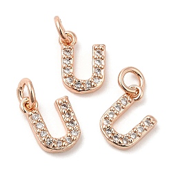 Real Rose Gold Plated Brass Micro Pave Grade AAA Cubic Zirconia Charms, Letter U, Cadmium Free & Nickel Free & Lead Free, Real Rose Gold Plated, 9x6x1.5mm, Hole: 2mm