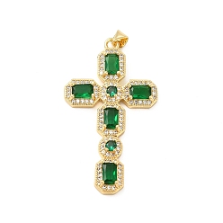 Green Rack Plating Brass Pendants, with Glass Cubic Zirconia, Religion Cross Charm, Cadmium Free & Lead Free, Long-Lasting Plated, Real 18K Gold Plated, Green, 46x26x4mm, Hole: 5X3mm