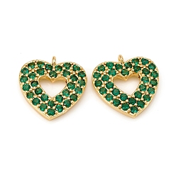 Verde Micro latón allanan encantos de circonio cúbico, corazón, dorado, verde, 15x14.5x2.5 mm, agujero: 1 mm