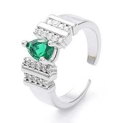 Green Cubic Zirconia Teardrop Open Cuff Ring, Platinum Brass Jewelry for Women, Green, Inner Diameter: 16.8mm