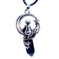 Obsidienne Pendentifs balles à facettes pointues en obsidienne naturelle, lune avec des charmes de chat, avec les accessoires en alliage de platine plaqués, 50x22.5x17mm