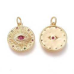 Real 18K Gold Plated Brass Micro Pave Clear Cubic Zirconia Charms, with Jump Rings, Long-Lasting Plated, Flat Round with Horse Eye, Colorful, Real 18K Gold Plated, 18.5x16x2mm, Hole: 3.5mm