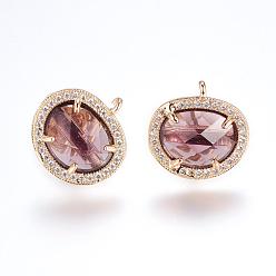 Rosy Brown Brass Micro Pave Cubic Zirconia Stud Earring Findings, with Loop, Glass, Oval, Golden, Rosy Brown, 16.5mm, Hole: 1mm, Pin: 0.8mm
