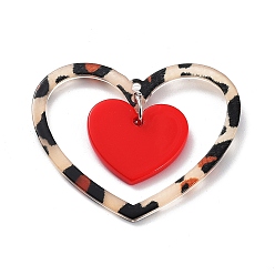Red Valentine's Day Opaque Acrylic Pendants, with Iron Jump Rings, Leopard Print Heart, Red, 35x42x2mm, Hole: 1.8mm