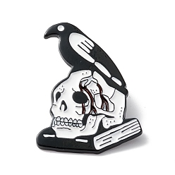 White Skull with Crow Book Enamel Pin, Halloween Alloy Brooch for Backpack Clothes, Electrophoresis Black, White, 35x25.5x1.5mm