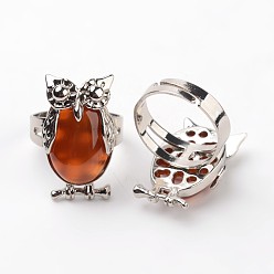Natural Agate Owl Brass Natural Red Agate Finger Rings, Platinum, Size 8, 18mm