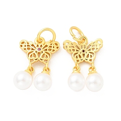 Matte Gold Color ABS Plastic Imitation Pearl Pendants, with Cubic Zirconia & Brass Findings and Jump Rings, Cadmium Free & Lead Free, Butterfly with Round, Matte Gold Color, 23mm, Hole: 4.2mm