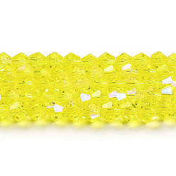 Jaune Transparentes perles de verre de galvanoplastie brins, de couleur plaquée ab , facette, Toupie, jaune, 4x4mm, Trou: 0.8mm, Environ 87~98 pcs/chapelet, 12.76~14.61 pouce (32.4~37.1 cm)