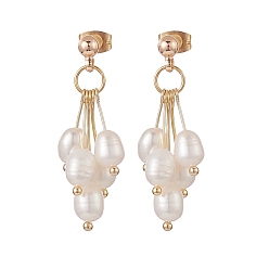 Golden Natural Pearl Beaded Cluster Earrings, Brass Dangle Stud Earrings for Women, Golden, 35mm, Pin: 0.7mm