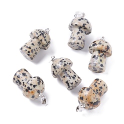 Dalmatian Jasper Natural Dalmatian Jasper Pendants, with Platinum Tone Brass Findings, Mushroom , 25x14mm, Hole: 2.4mm