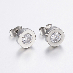 Stainless Steel Color 304 Stainless Steel Stud Earrings, with Cubic Zirconia, Flat Round, Stainless Steel Color, 9x3.5mm, Pin: 0.8mm