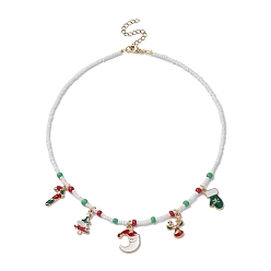 Colorful Christmas Tree & Candy Cane & Moon & Deer Alloy Pendant Necklace, Seed & Polymer Clay Beaded Christmas Necklace for Women, Colorful, 15.87 inch(40.3cm)