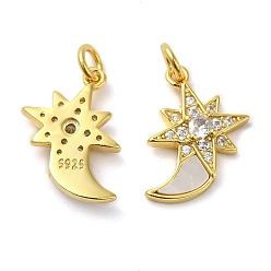 Real 18K Gold Plated 925 Sterling Silver Micro Pave Cubic Zirconia Pendants, Moon & Star Charm, with Shell & 925 Stamp & Jump Ring, Real 18K Gold Plated, 16x13x3mm, Hole: 3mm