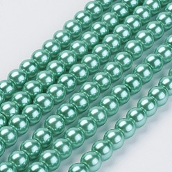 Light Sea Green Eco-Friendly Glass Pearl Beads Strands, Grade A, Round, Dyed, Cotton Cord Threaded, Light Sea Green, 8mm, Hole: 1.2~1.5mm, about 52pcs/strand, 15.7 inch