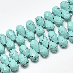 Turquoise Synthétique Perles synthétiques turquoise brins, perles percées, facette, larme, 9~9.5x6mm, Trou: 0.8mm, Environ 44 pcs/chapelet, 7.6 pouce