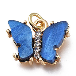 Bleu Pendentifs en laiton zircon cubique transparent, avec résine et anneaux de saut, plaqué longue durée, forme de papillon, motif de fleurs au dos, or, bleu, 13x17x3.5mm, Trou: 3mm