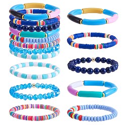 Bleu Bleuet Ensemble de bracelets extensibles en jaspe impérial synthétique et perles de verre de style pcs 8, bracelets heishi surfeur en pâte polymère, bracelets épais en tube incurvé en acrylique pour femmes, bleuet, diamètre intérieur: 6 pouce (2-1/8 cm)