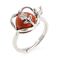 Красный Камень Регулируемое кольцо из натуральной красной яшмы круглой формы с цветком, платиновое латунное кольцо с хрустальными стразами, внутренний диаметр: 18 мм