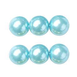 Bleu Ciel Brins de perles rondes en verre teinté écologique, Grade a, cordon en coton fileté, bleu ciel, 8mm, Trou: 0.7~1.1mm, Environ 52 pcs/chapelet, 15 pouce
