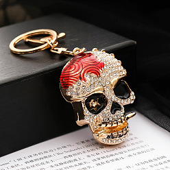 Red Alloy Rhinestone Pendant Keychain, with Alloy Key Rings and Lobster Claw Clasps, Long-Lasting Plated, Skull, Red, Pendant: 6x4.5cm