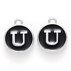 Letter U Platinum Plated Alloy Charms, Cadmium Free & Lead Free, with Enamel, Enamelled Sequins, Flat Round with Letter, Letter.U, 14x12x2mm, Hole: 1.5mm