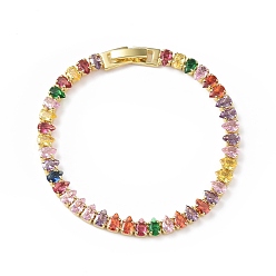 Colorful Cubic Zirconia Tennis Bracelet, Golden Brass Teardrop Link Chain Bracelet for Women, Cadmium Free & Lead Free, Colorful, 7-1/8 inch(18.2cm)