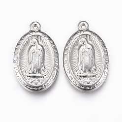201 Stainless Steel 201 Stainless Steel Medal Pendants, Oval with Virgin Mary/Our Lady of Guadalupe, Stainless Steel Color, 23x14x2.5mm, Hole: 1.5mm