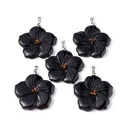 Black Onyx Natural Black Onyx(Dyed & Heated) Big Pendants, Peach Blossom Charms, with Platinum Plated Alloy Snap on Bails, 57x48x9mm, Hole: 6x4mm
