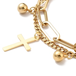 Golden Cross and Round Ball Charm Multi-strand Bracelet, Vacuum Plating 304 Stainless Steel Double Layered Chains Bracelet for Women, Golden, 7-1/2 inch(19cm)